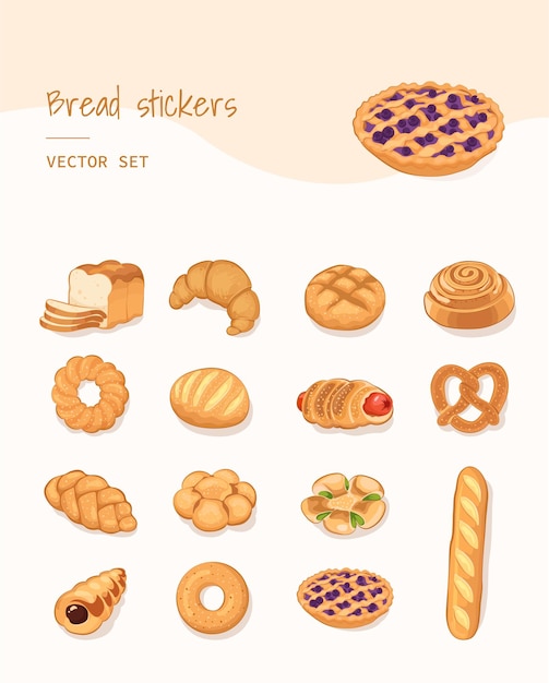 Cute and fresh handdrawn bread elements stickers