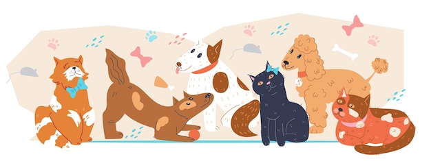 Vector cute funny cats and dogs at decorative backdrop for veterinary clinic or pet shop banner