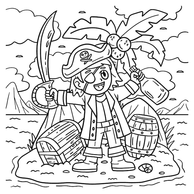 A cute and funny coloring page of a Pirate Captain on an Island. Provides hours of coloring fun for children. Color, this page is very easy. Suitable for little kids and toddlers.