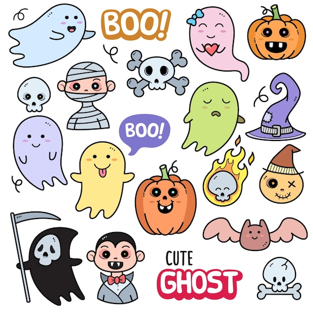 Cute ghost colorful vector graphics elements and doodle illustrations