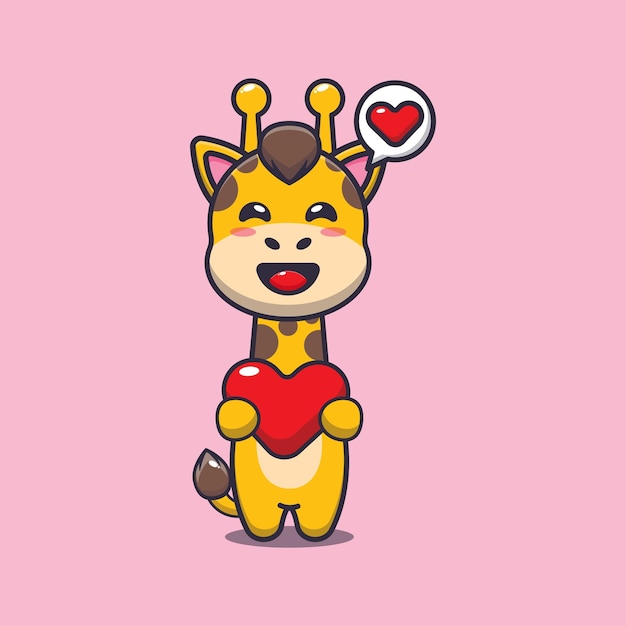 Vector cute giraffe cartoon character holding love heart