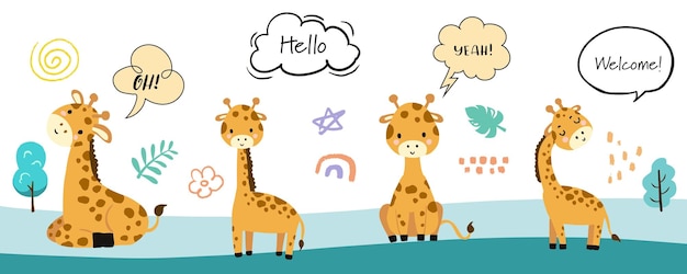 cute giraffe template banner with hellowelcome for horizontal design