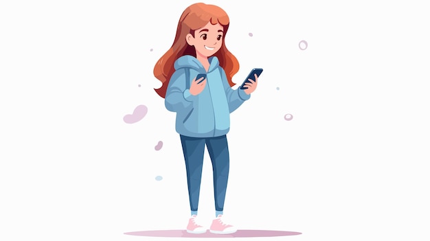 Vector cute girl in a blue jacket with a phone