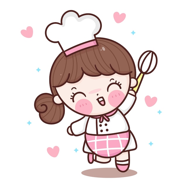 Vector cute girl chef cartoon greeting love bake kawaii style