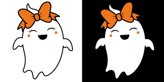 Cute Girl ghost With Orange bow - Halloween hand drawn on t-shirt design, greeting card or poster design Background Vector Illustration.