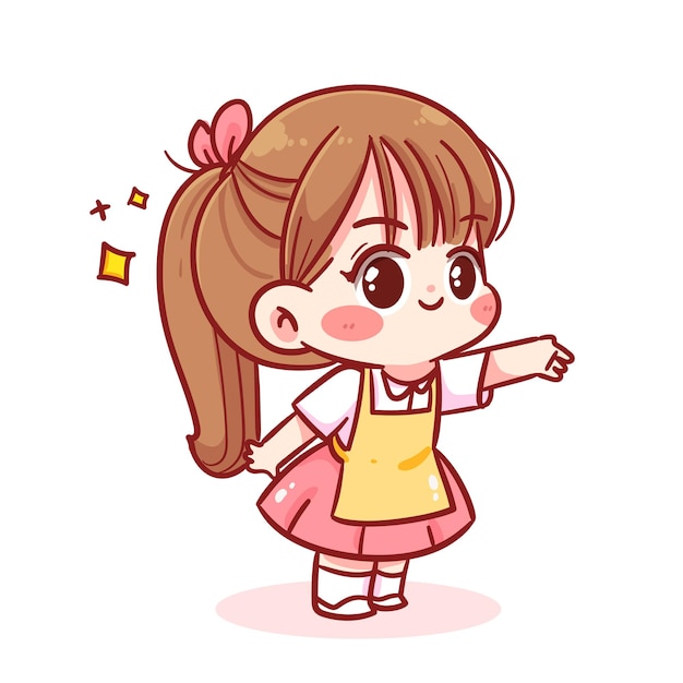 Vector cute girl standing presenting something to side with hand cartoon character hand draw art illustration