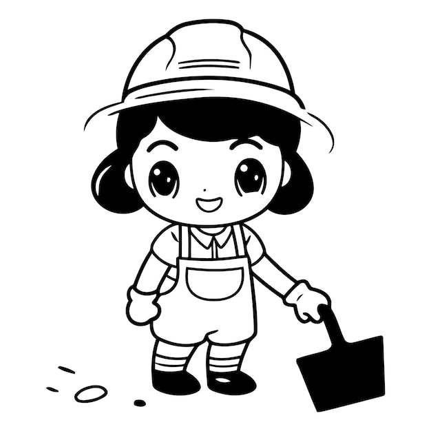 Cute girl wearing safari hat with shovel