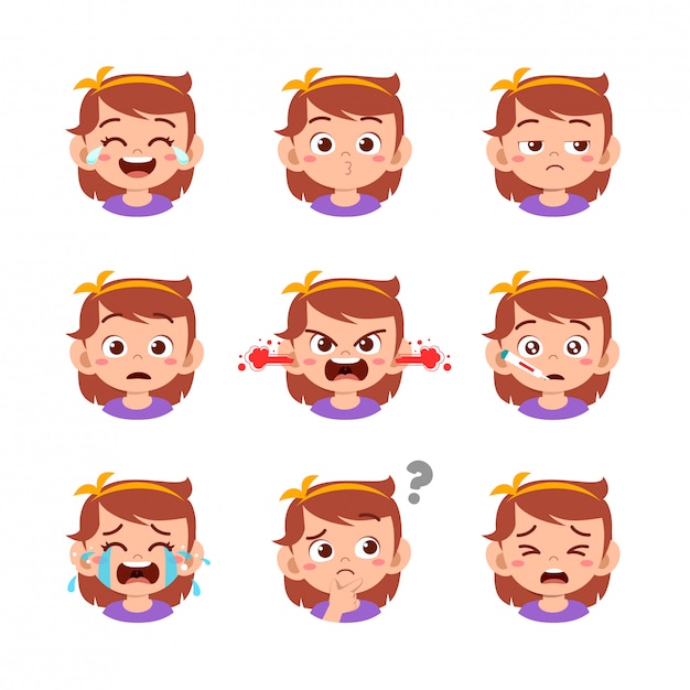 Vector cute girl with different face expressions