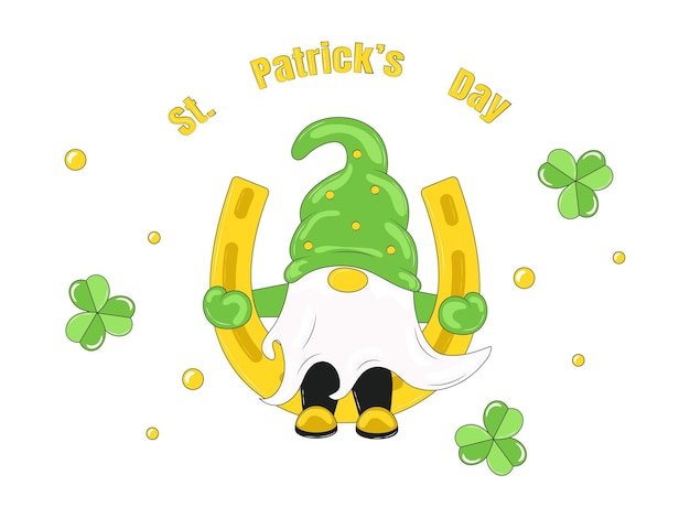 Cute Gnome sitting on Horseshoe Clover Around St Patricks Day Illustration