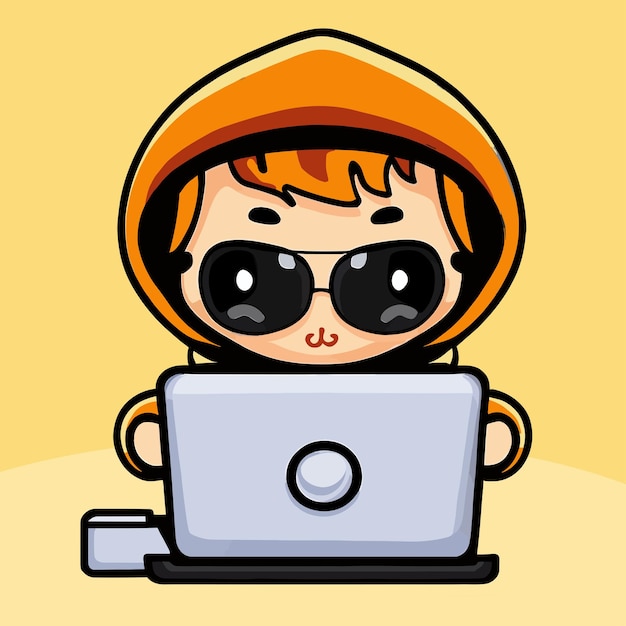 cute hacker operating laptop cartoon vector illustration technology icon