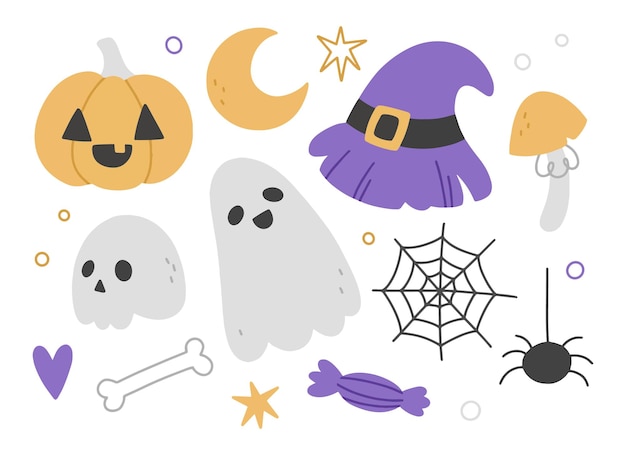 Cute Halloween set with a pumpkin ghost spider