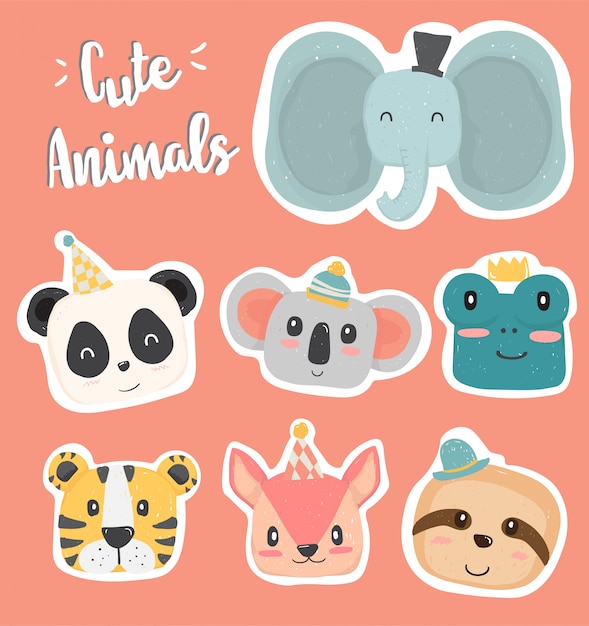 Cute hand drawing wild animal head clip art in pastel color collection flat vector