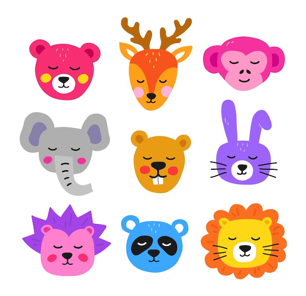 Cute hand drawn animal heads. Collection animals in flat style