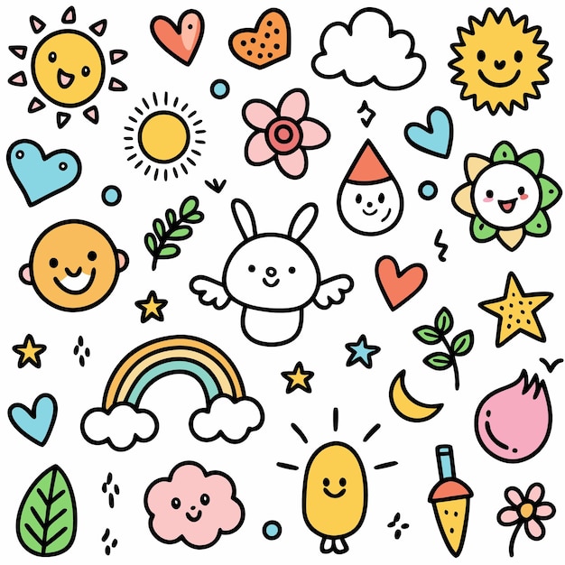 Vector cute hand drawn doodles of sun hearts bunny rainbow cloud flower stars