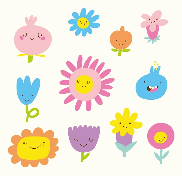 Vector cute hand drawn flowers cartoon illustration set