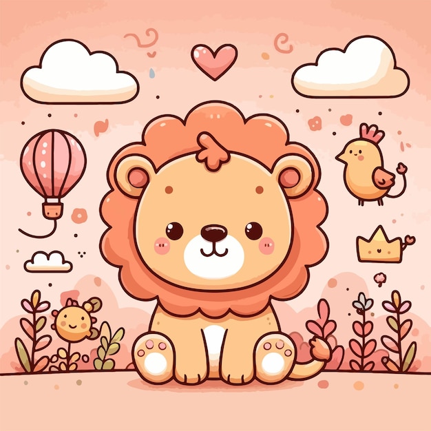 Vector cute hand drawn lion cartoon illustration