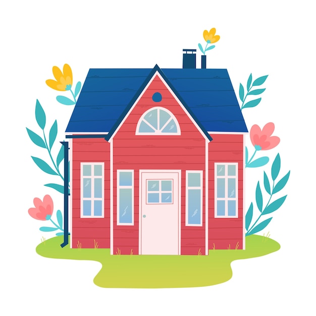 Cute hand drawn red house, cottage decorated with leaves and flowers on white background