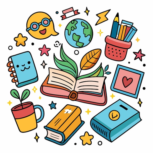 Vector cute hand drawn school supplies and objects illustration