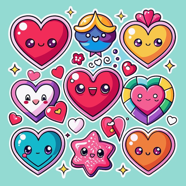 Cute heart character set with different colors textures and expressions