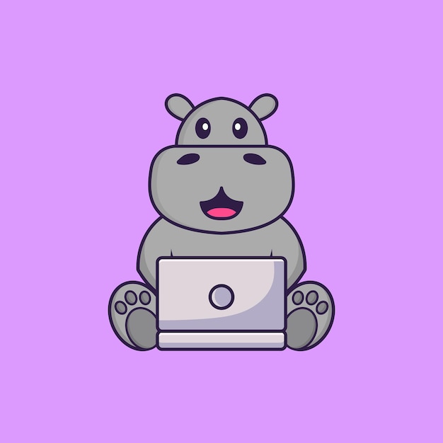 Cute hippopotamus using laptop Animal cartoon concept isolated