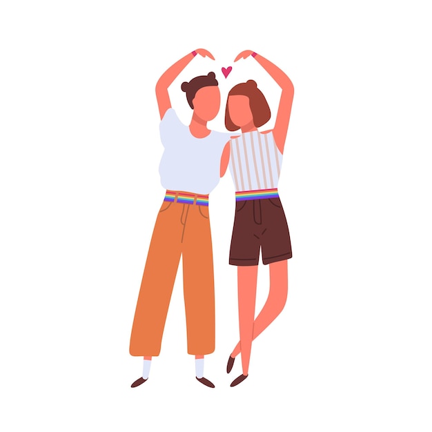 Vector cute homosexual couple hugging and showing a heart with hands. lgbt partners standing together isolated on white background. romantic lesbian family. vector illustration in flat cartoon style.