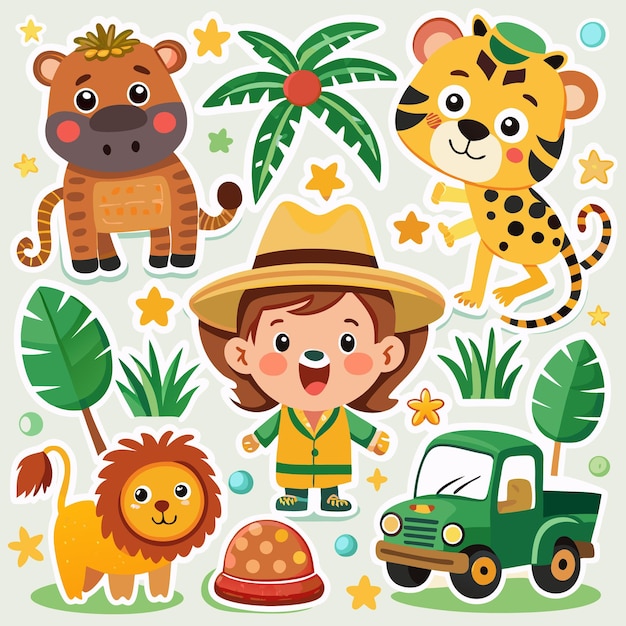 Vector a cute illustration of a girl in a safari hat a lion a tiger a truck and a palm tree with a green background