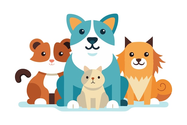 Vector cute illustration of playful pets including a dog cat and guinea pigs