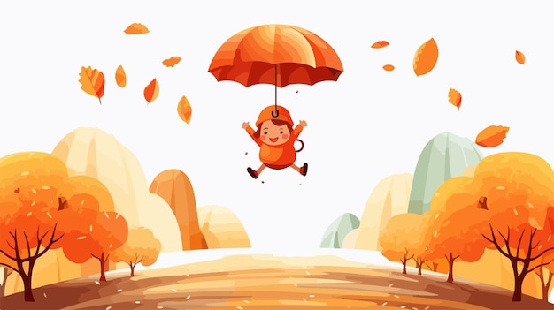 Vector cute jump with umbrella hello autumn vector illustration