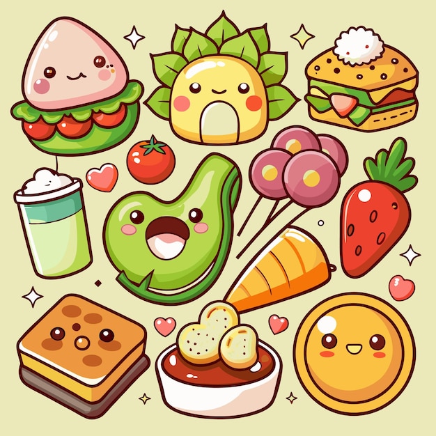 Vector cute kawaii food characters with smiling faces on a light background