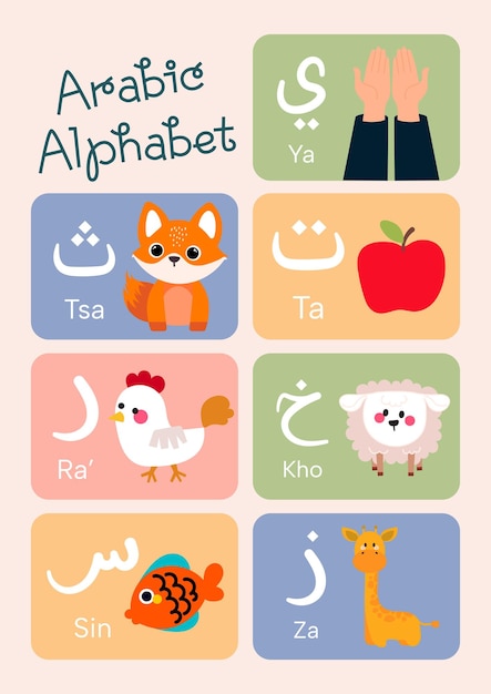 cute kawaii kids learn Arabic alphabet flashcard printable for education fun learning