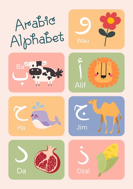 cute kawaii kids learn Arabic alphabet flashcard printable for education fun learning