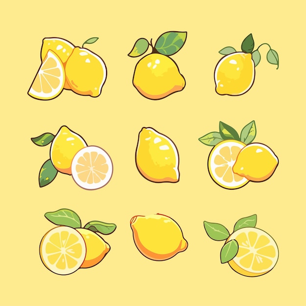 Vector cute kawaii lemon cartoon illustration collection