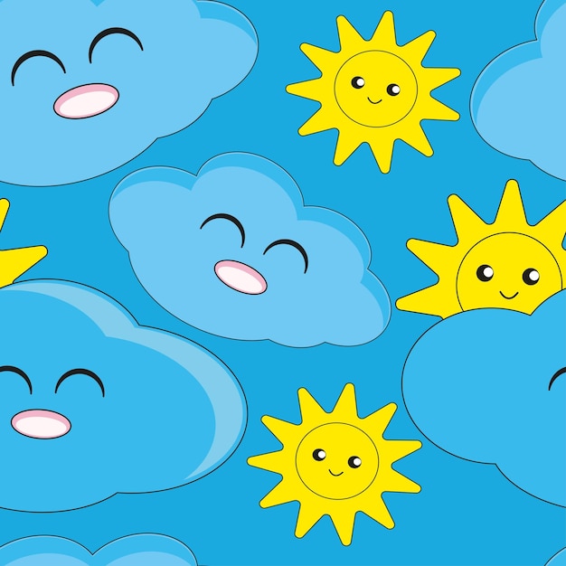 Cute kawaii smiling cloud and yellow sun seamless pattern on a blue background Summer nature Handdrawn geometric seamless pattern Vector illustration