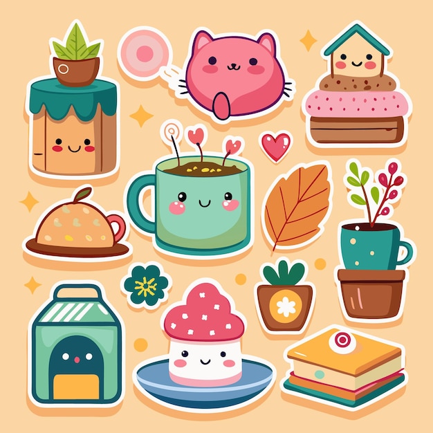 Cute Kawaii Stickers with Plants Food and Animals