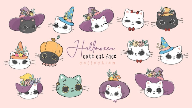 Cute kitten cat witch Halloween face head outline collection cartoon drawing