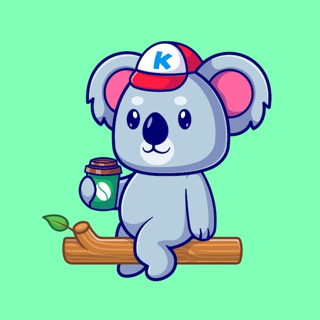 Cute Koala Holding Cup Coffee On Tree Cartoon Vector Icon Illustration. Animal Drink Icon Isolated