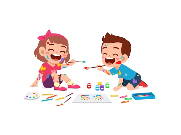 Vector cute little boy and girl using paint to hand for art