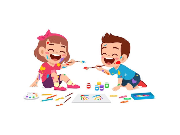 Cute little boy and girl using paint to hand for art