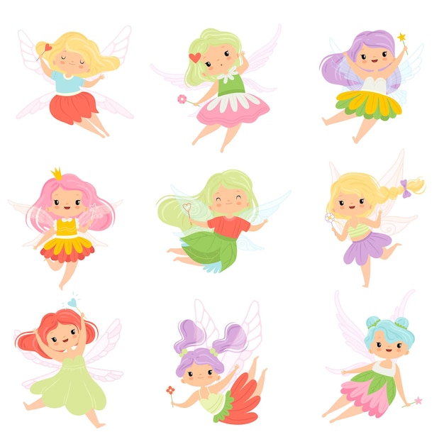 Cute Little Fairies in Colorful Dresses set Lovely Winged Flying Girls with Magic Wands Vector Illustration on White Background