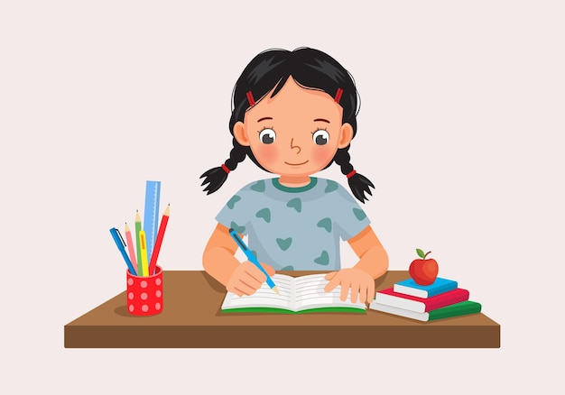 Vector cute little girl sitting on the desk studying writing on notebook doing her homework at home