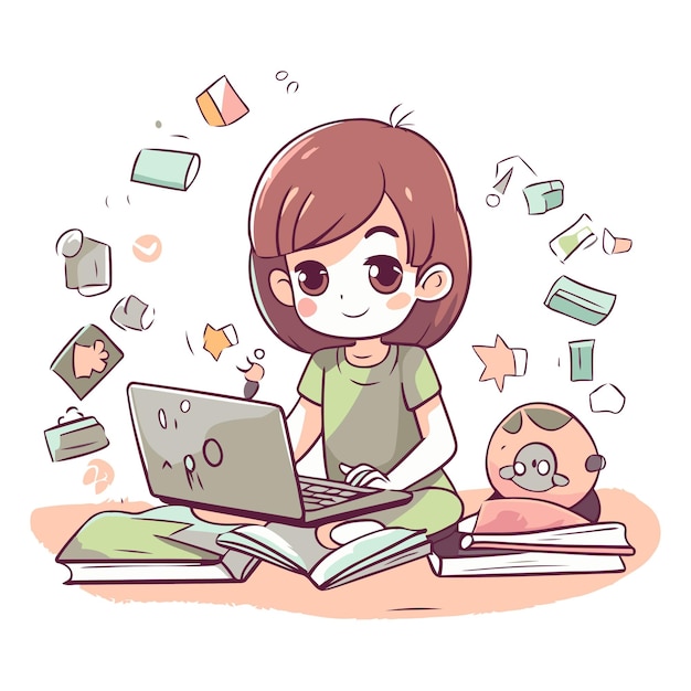 Vector cute little girl studying at home with laptop