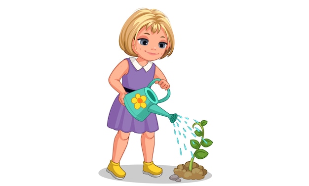 Cute little girl watering the plant illustration