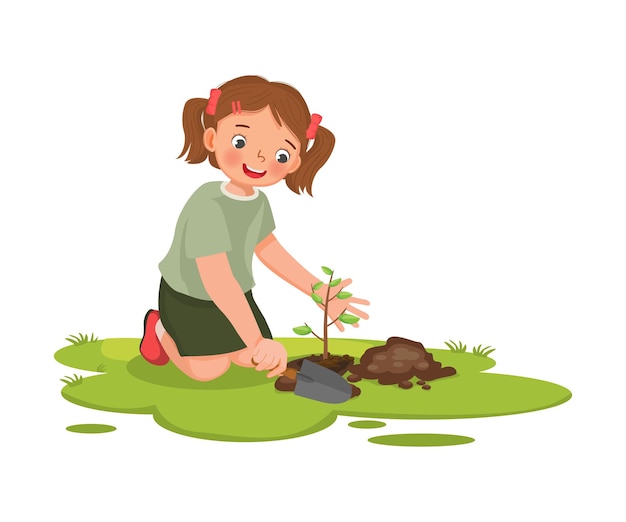 cute little girl with shovel planting young tree seedlings in the garden