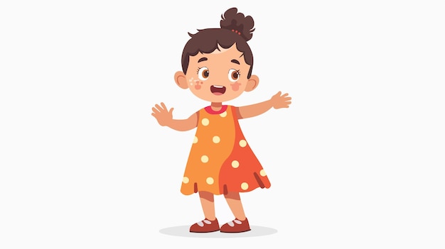 Vector a cute little girl with a yellow dress on her head is smiling and waving