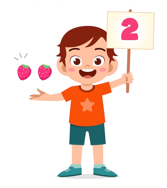 Vector cute little kid boy study math number count fruit