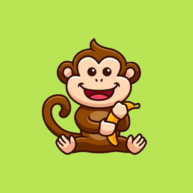 cute little monkey smiling holding a banana cartoon illustration isolated