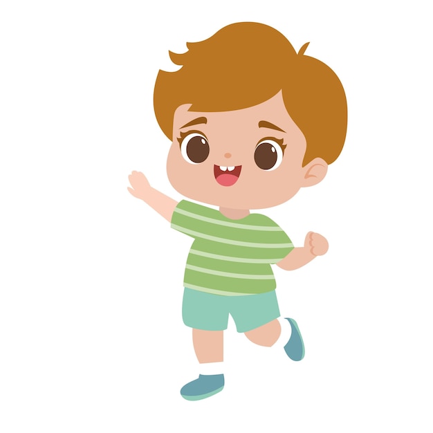 Vector cute little redhaired boy is running or jumping vector cartoon illustration isolated on background