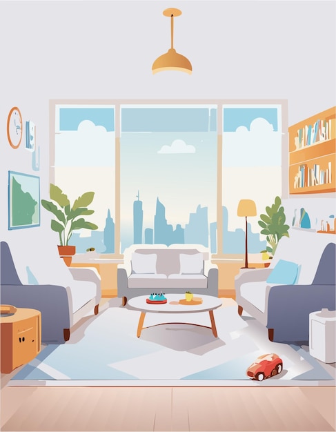 Vector cute living room cozy home interior design cartoon illustration design apartment concept art