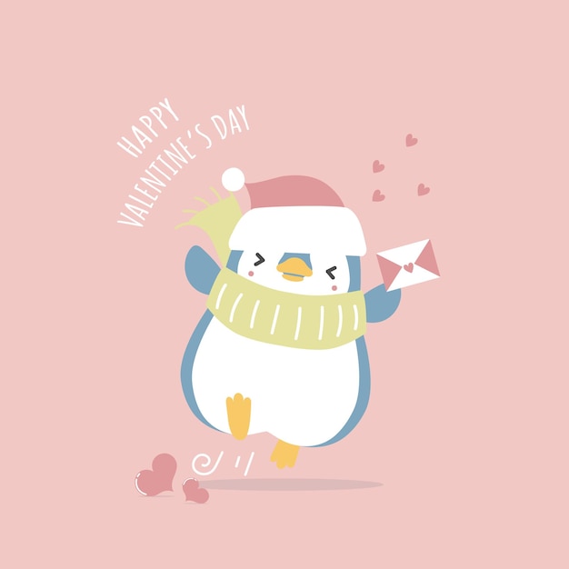 Vector cute and lovely hand drawn penguin holding love letter with heart happy valentines day