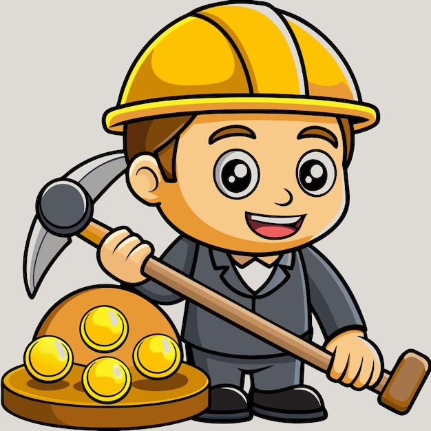 Cute Man Mining Gold Coin with Pickaxe Cartoon Vector Icon Illustration People Finance Icon Concept Isolated Premium Vector Flat Cartoon Style